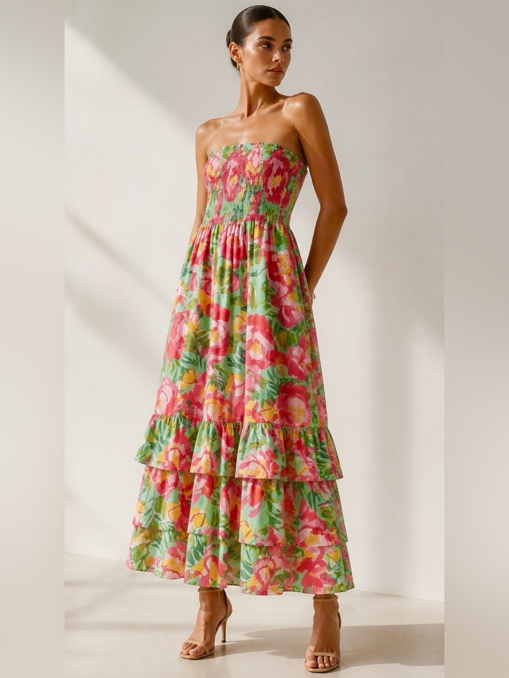 Abel the Label Floral Green Maxi Dress with Smocked Bodice